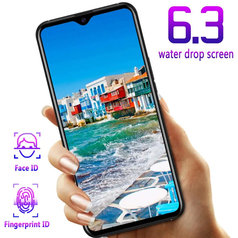 

Luxury smartphone 6.3 inch water drop screen android mobile phone fingerprint face ID cell phone leather texture F Bluetooth 3.5