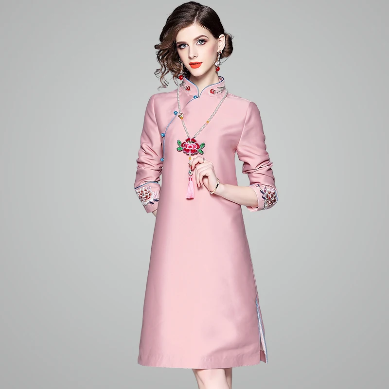 

Spring/Autumn Vintage Chinese Dress Well-fitting Fit and Flare Women Dress Traditional Embroidery Pink Dress Daily Wear Dresses