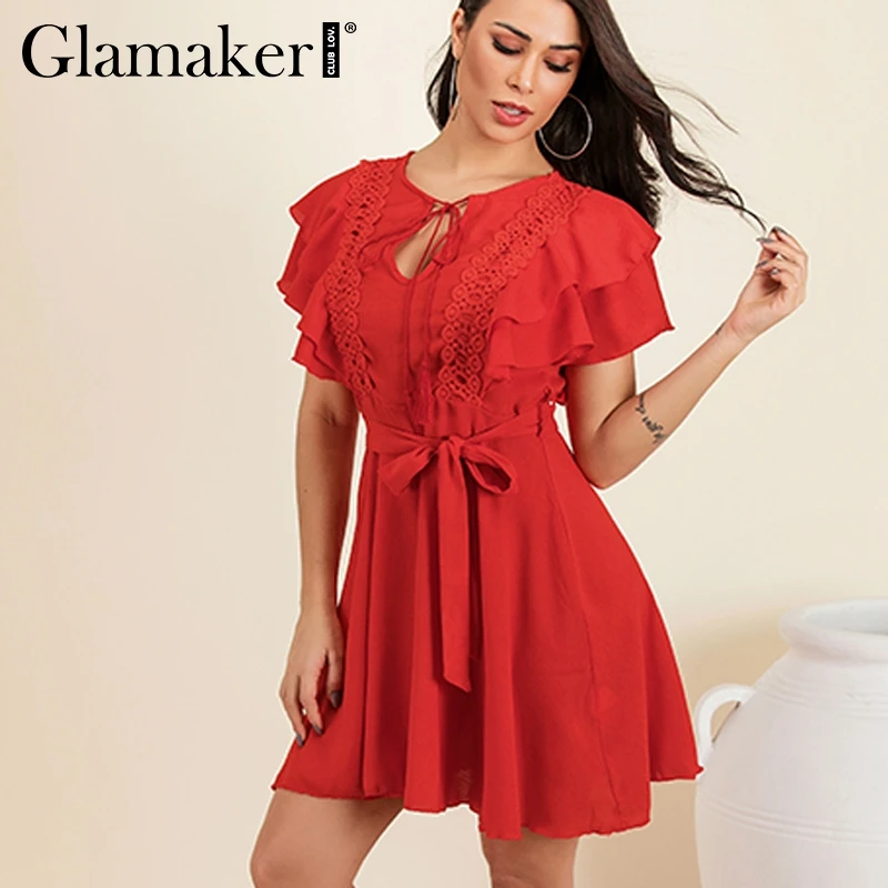 

Glamaker Ruffle v neck sexy lace mini dress Elegant holiday beach women short pary dress Summer club red ladies dress vintage