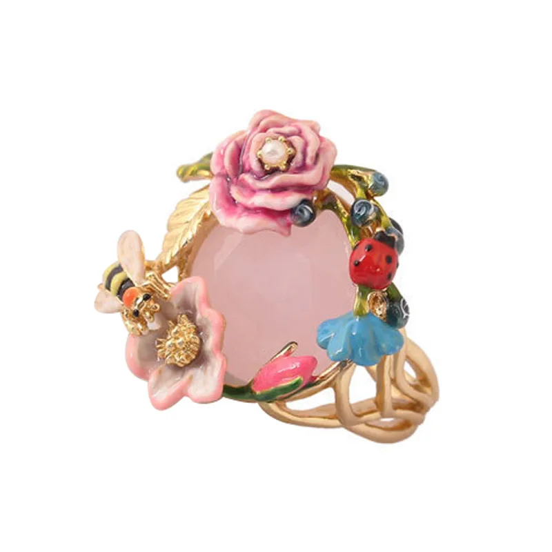 

Statement luxury flowers gem rings for women enamel glaze bee ladybug rose flower bud insect ring party jewelry