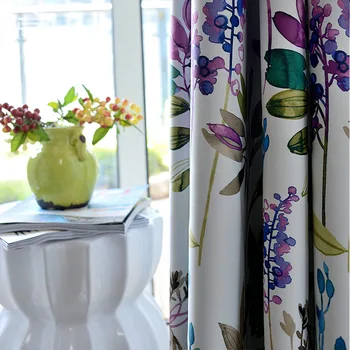 

New Arrival Korea Fresh Style Purple Flowers Printed Curtain Polyester Blockout Cloth Curtain for Living Room