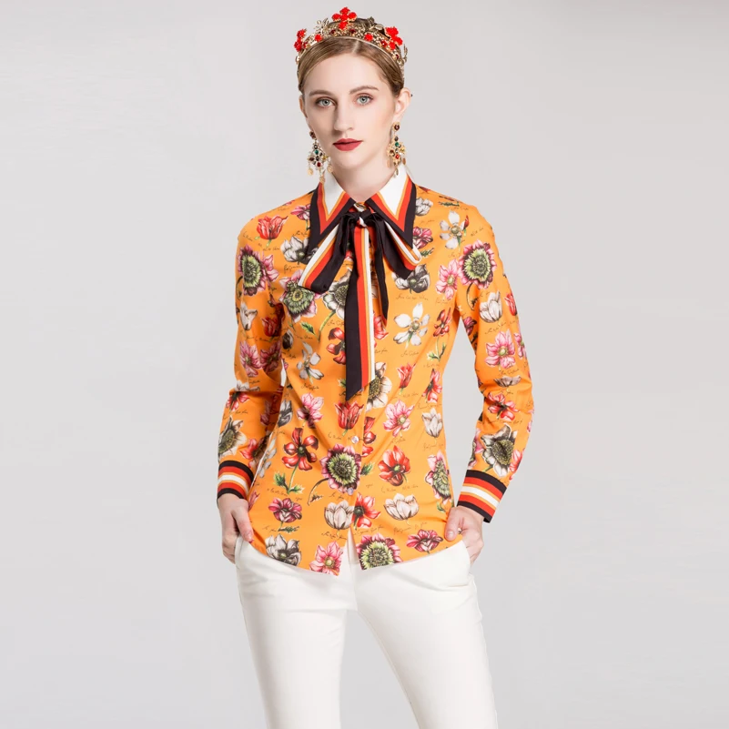 

High Quality Designer Blouse Fashion Tops Women Long Sleeve Bow Turn-down Collar Vintage Shirts