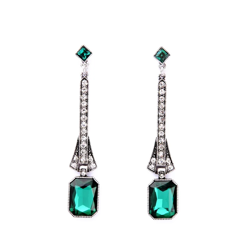 

Cheap Fashion Women Ear Accessory Silver Color Jewelry Faceted Rectangle Crystal Green Long Earring Gift