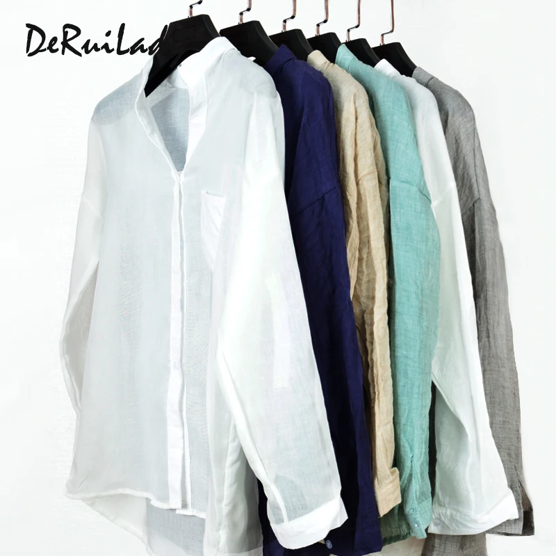 DERUILADY Harajuku Loose Cotton Linen Blouse Spring Summer Three Quarter...