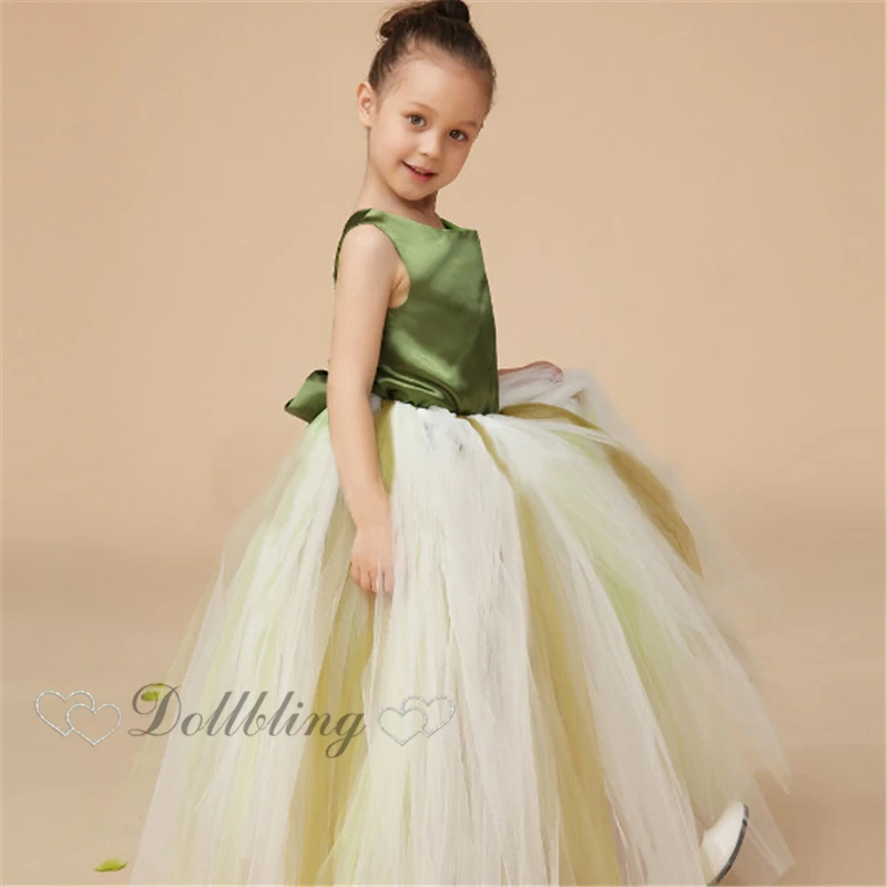 ФОТО Dollbling Bridal Flower girl Wedding dress Lace Green Satin Christening Princess Ivory dress First date girl dress