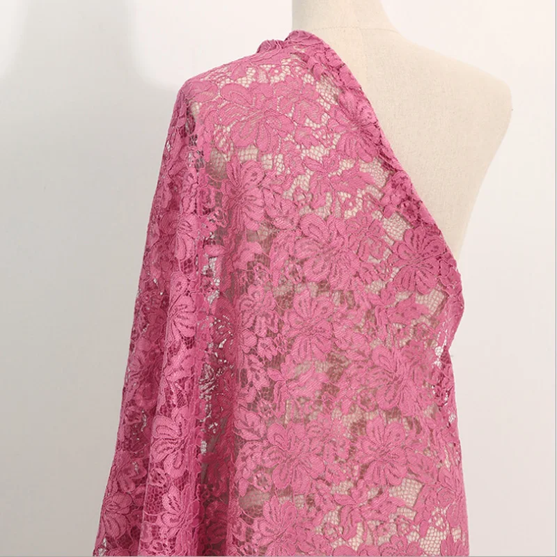 Pink Hollow Out Embroidered Lace Fabric For Dress Fashion Polyester