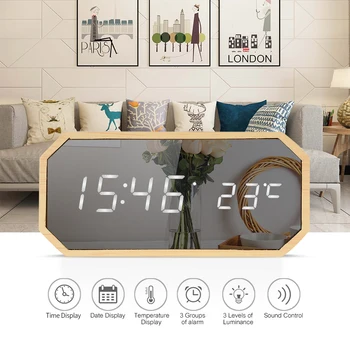

USB/Battery Powered Dimmer Thermometer Clock with Weekday Alarm Wooden LED Digital Table Clock Sound Control Mirror Alarm Clock