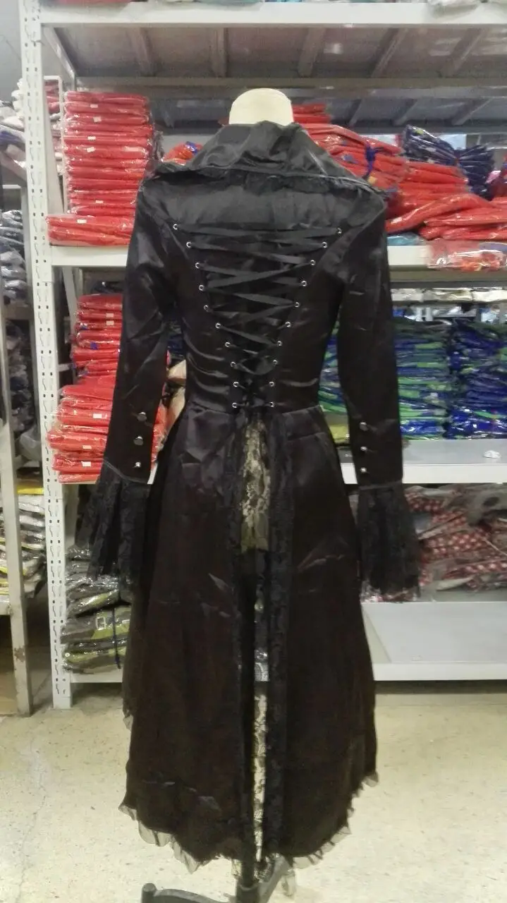 Women Lace Trim Lace-up High Low Coat Black Steampunk Victorian Style Gothic Jacket Medieval Noble Court Dress S-3XL