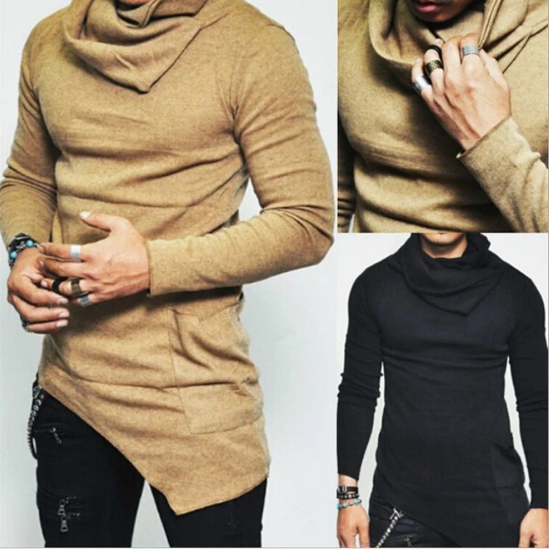En Ligne COCEDDB hommes chandails à col haut conception irrégulière haut chandail masculin couleur unie hommes pull décontracté pulls pour hommes
