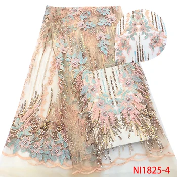 

High Quality French Mesh Lace Fabric with Sequins African Embroidery Tulle Lace with Beads for Party Dress AMYNI1825