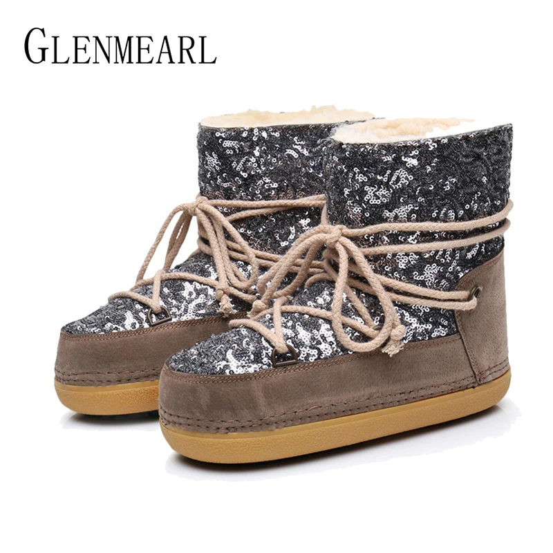 Brand Women Winter Snow Boots Ankle Warm Fur Shoes Female Platform Non Slip Bling Boot Woman Round Toe Plus Size Ladies Shoe DE Women's Shoes