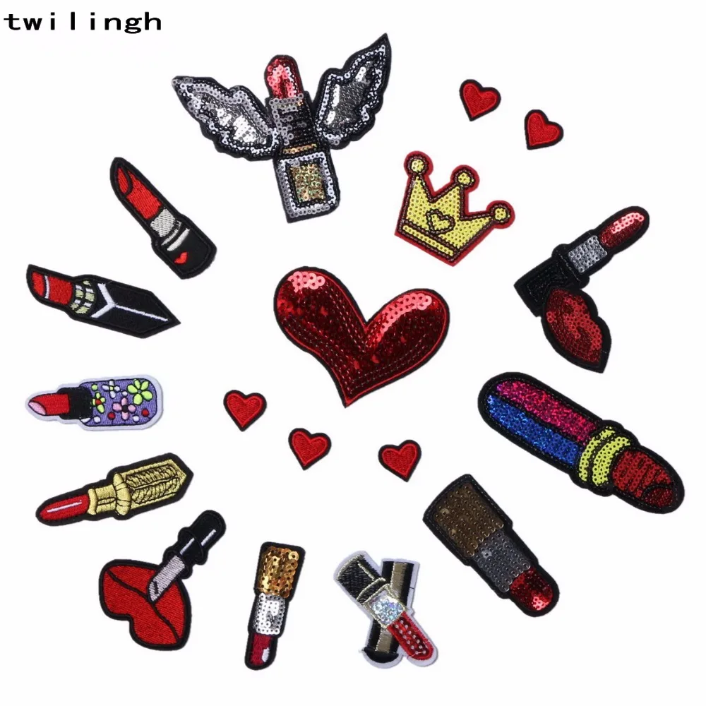 

1 pcs/lot Brand Embroidered Patches Heart Crown Lipstick Sequin Patches Iron On Fabric Badge Sew On Clothes Applique DIY Sticker