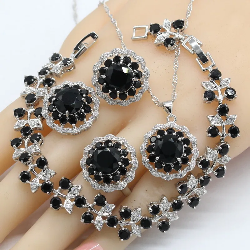 

2018 New Round Black Stones Silver Color Jewelry Sets For Women Stud Earrings Bracelet Rings Necklace Pendant Free Gift Box