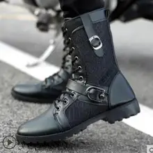 Кожаные ботинки высокого качества; мужские Универсальные ботинки в байкерском стиле; мужские черные ботинки до середины икры в стиле панк-рок; botas hombre; размеры 39-44