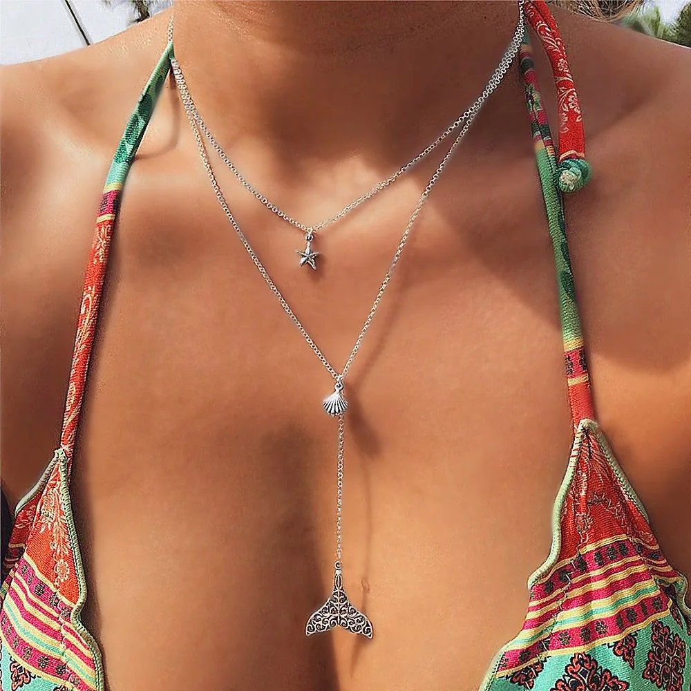 

UMKA New Design Boho Beach Starfish Shell Pendants Multi-Layer Pendant Silver Whale Tail Charm Necklaces for Women Jewelry