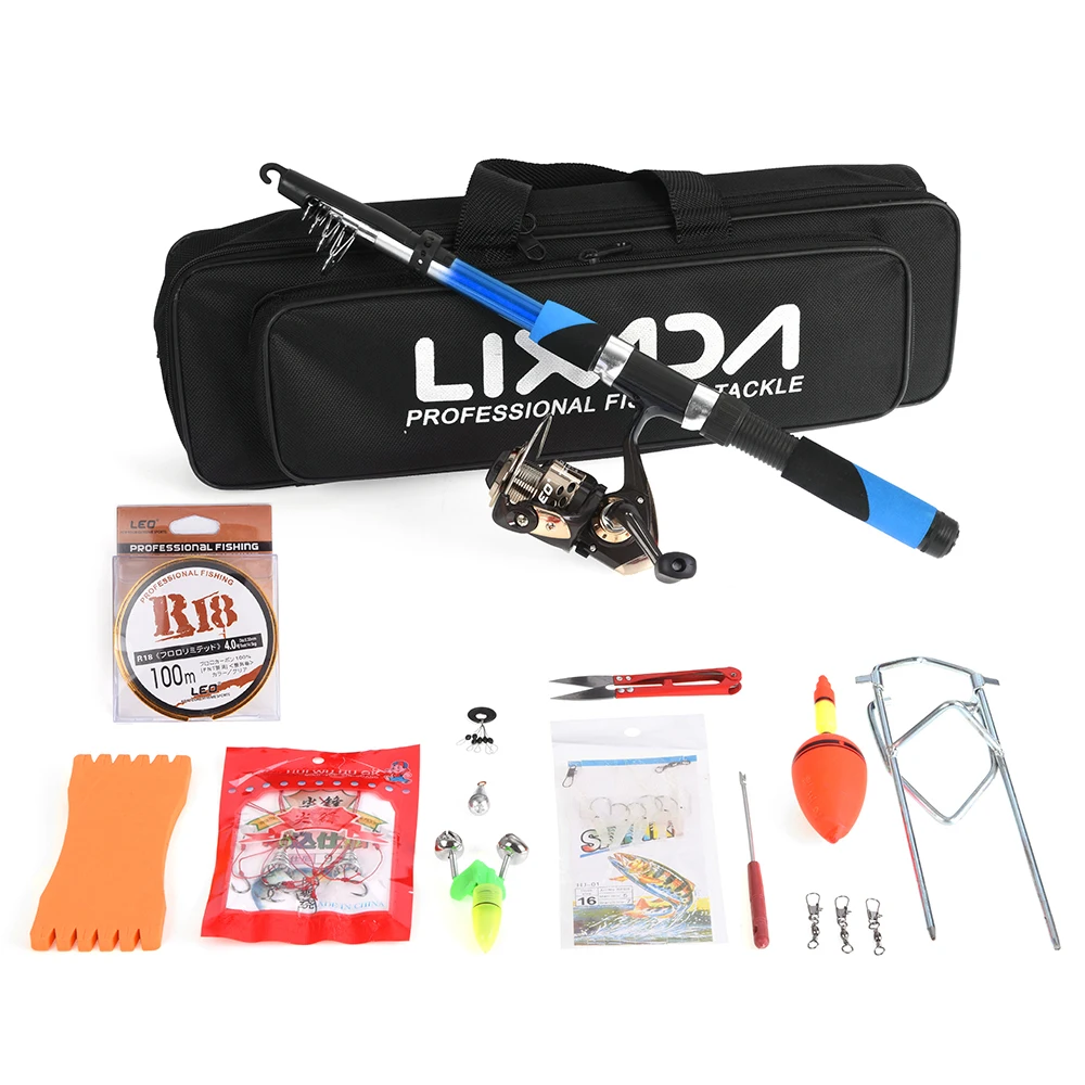 Lixada Fishing Tackle Set with 2.1m Telescopic Fiberglass Fishing Rod Spinning Reed Fishing Baits Hooks Fishing Tackle Set