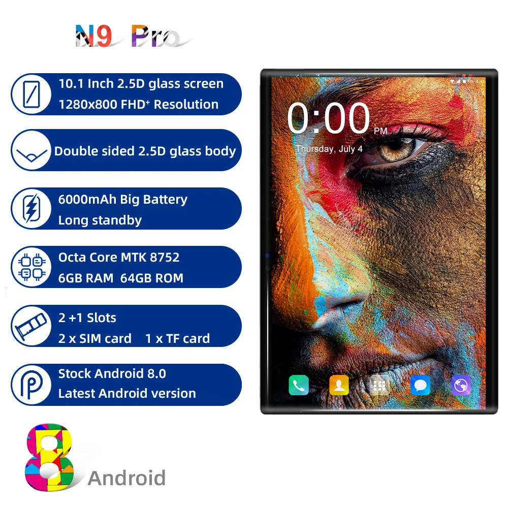 4G ПУСТЬ 10 дюймовые планшеты Octa Core MT8752 Android 8,0 Оперативная память 6 ГБ Встроенная память 64 ГБ 1280*800 ips экрана из закаленного стекла, две SIM карты, WI-FI планшетный ПК