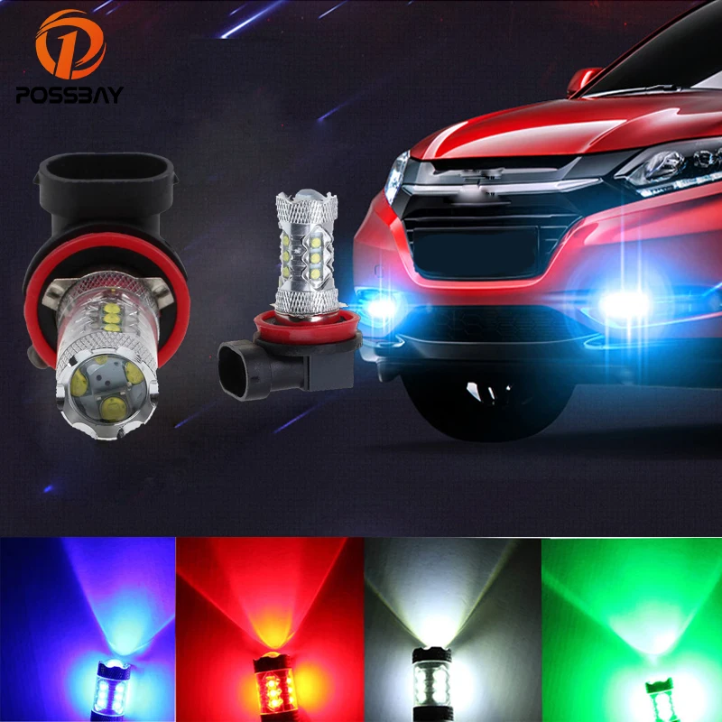 

POSSBAY White/Red/Blue/Green Universal Car LED Fog Rear Tail Parking Driving Lamp H11 80W Turn Signal Head Light Lamp Bulbs