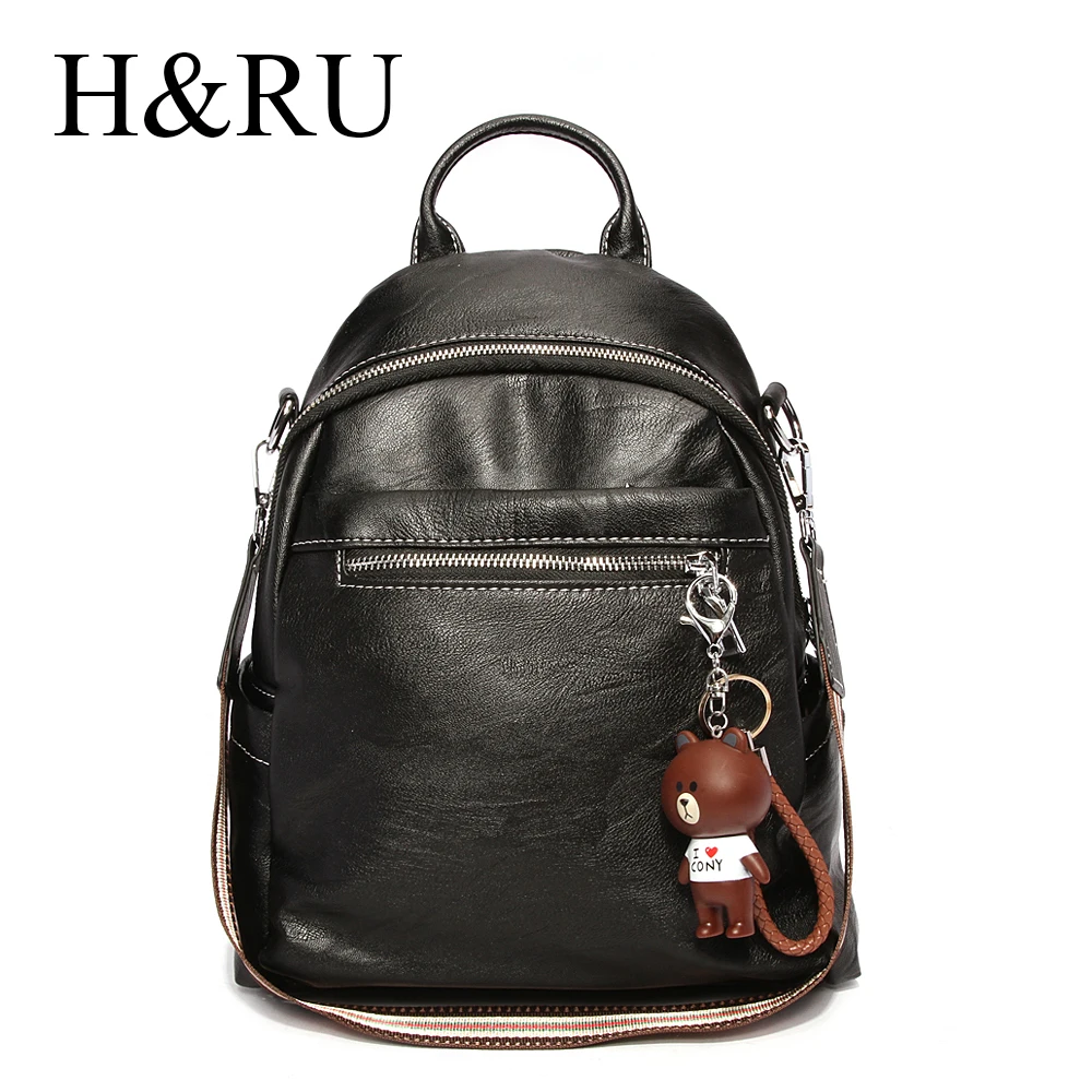 

H&RU Zipper Ladies Leather Backpack Wide Straps High Quality School Bag Shoulder Bag for Youth Bags Woman Leather Back Bag Girls