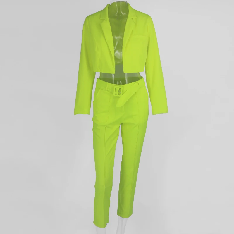 Tobinoone, Модный женский костюм, приталенный, с поясом, укороченный пиджак и штаны, наряды, Повседневный, осень, женские костюмы, комплект из 2 предметов, Новинка - Цвет: Зеленый