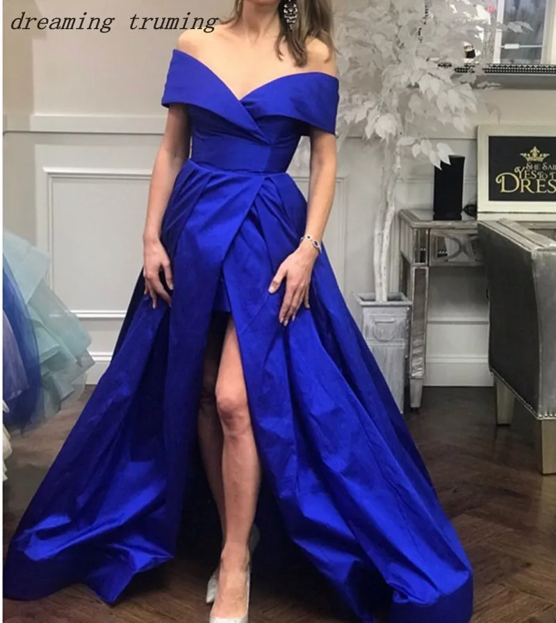 Simple Royal Blue Prom Dresses A line Satin V Neckline Long Side Slits