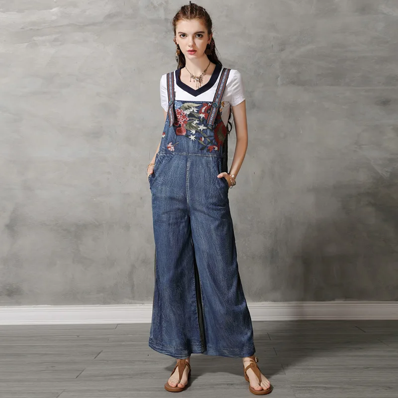 

Women Denim Jumpsuit 2019 Summer New Lady Bodysuit Pocket Floral embroidery Cotton Vintage Jumpsuits