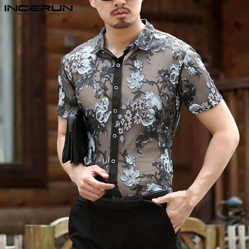 INCERUN See Through Men Shirt Mesh Fashion Flower Embroidered Button Male Tops Transparent Short Sleeve Sexy Lace Shirt Men