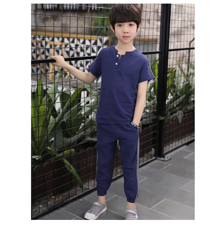 kids 2pcs sets solid o-neck cotton linen tops t shirts for boys sport suits fashion boys clothes children summer 2018 clothing (10)