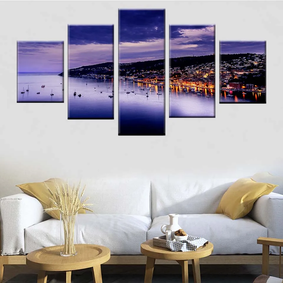 

5 panel house and mountain sea night picture canvas modular poster wall art HD printing frame living room home decoration