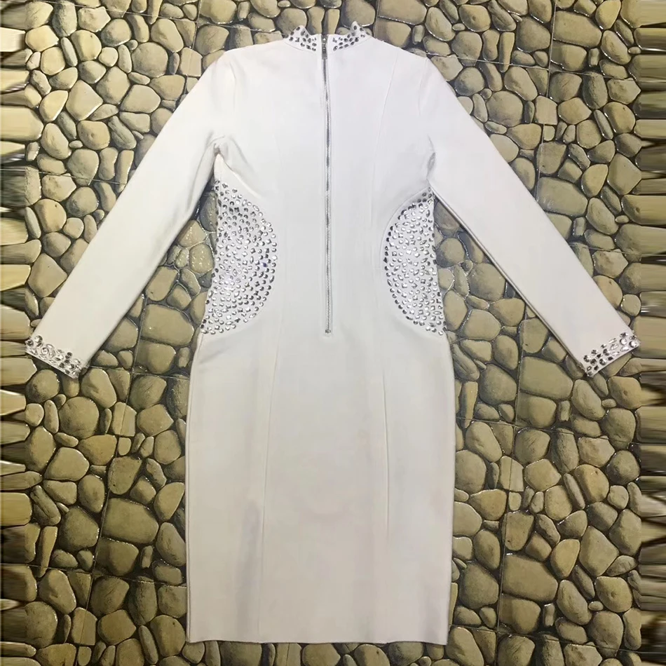 Высококачественное белое платье с бисером и длинным рукавом до колена из вискозы, Бандажное платье с высоким воротником, сексуальное облегающее платье с разрезом