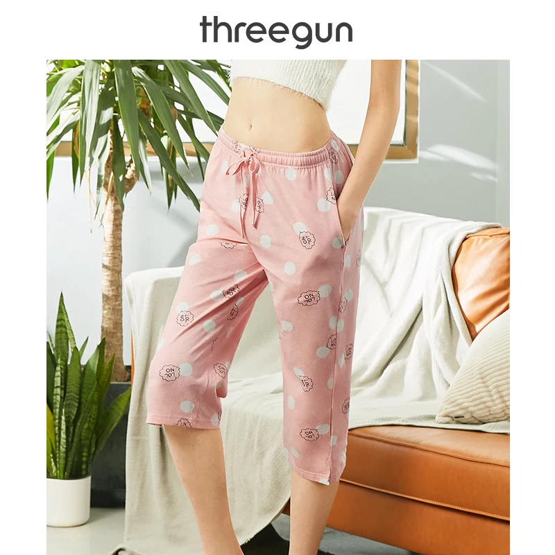 

THREEGUN Pajama Short Pant Women Knee Length Modis Cotton Sleepwear Loose Lounge Pants Printed Cute Home Bottom Wear XXL Sweet