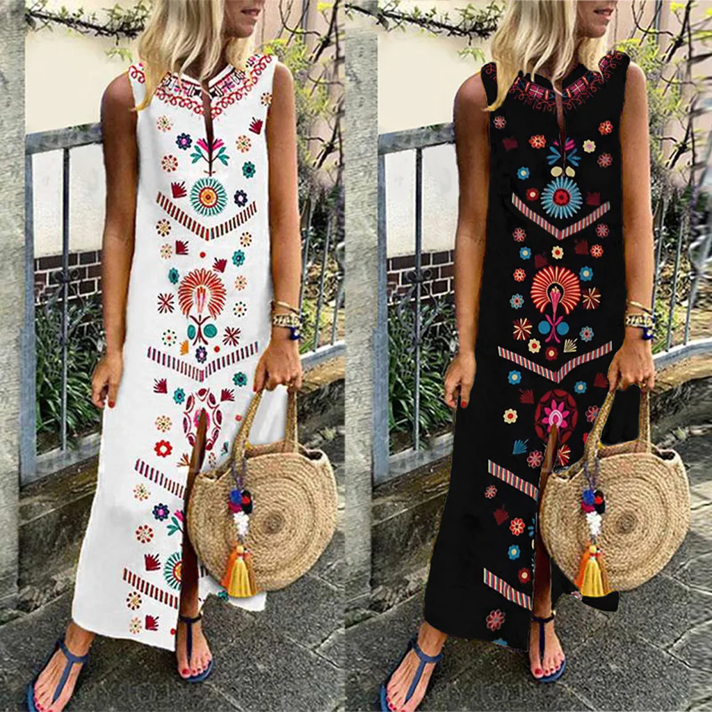 Womens Print Long Maxi Dress Sleeveless V-neck Party Dress Split Hem Baggy Kaftan Ladies Dresses Summer Woman Party Night 2019