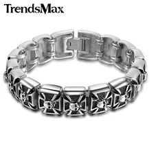 Trendsmax 17mm 21.5 cm Chicos Cruz Tallada Cráneo Enlace Negro Color de Plata Para Hombre Pulsera de Acero Inoxidable 316L Joyería de La Cadena HB354