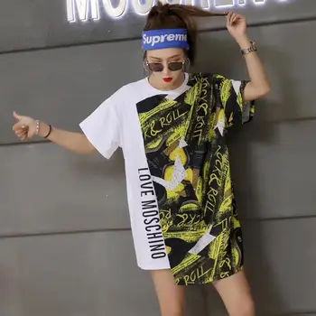 

Tide models 2019 spring and summer street long T-shirt women's chic port wind sleeve round neck short sleeve loose T-shirt