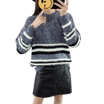 

Women Fashion O Neck Long Sleeve Loose Mohair Striped Pullovers Sweater Autumn Winter Ladies Crochet Knit Sweaters Outfit Tops