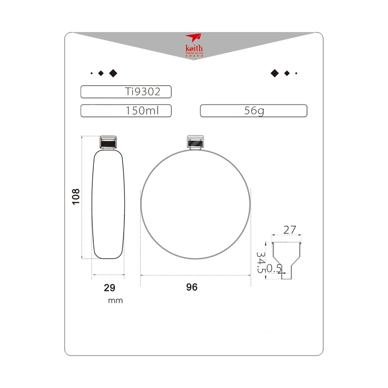 Keith Pure Titanium Hip Flask Flagon With Funnel Drinkware Outdoor Portable Sports Camping Hiking Ti9302