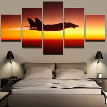 

Canvas Oil Painting Cuadros Home Decoration Wall Art Pictures 5 Pieces Sunset Aircraft Landscape Painting For Living Room Prints