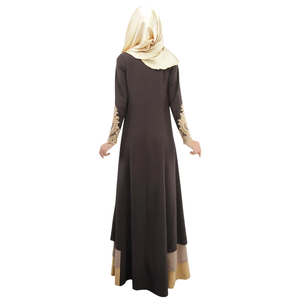 2019 de las mujeres de la moda musulmana vestido de empalme de bloque de Color de encaje de ganchillo de la cremallera manga larga árabe Maxi una pieza de Ropa de Mujer