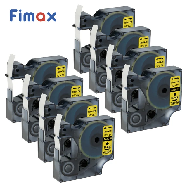 Cheap Fimax 8 pcs Compatible Dymo D1 Label Printer Tape 45018 12mm DYMO D1 Label Tape Black on Yellow DYMO D1 label maker label ribbon