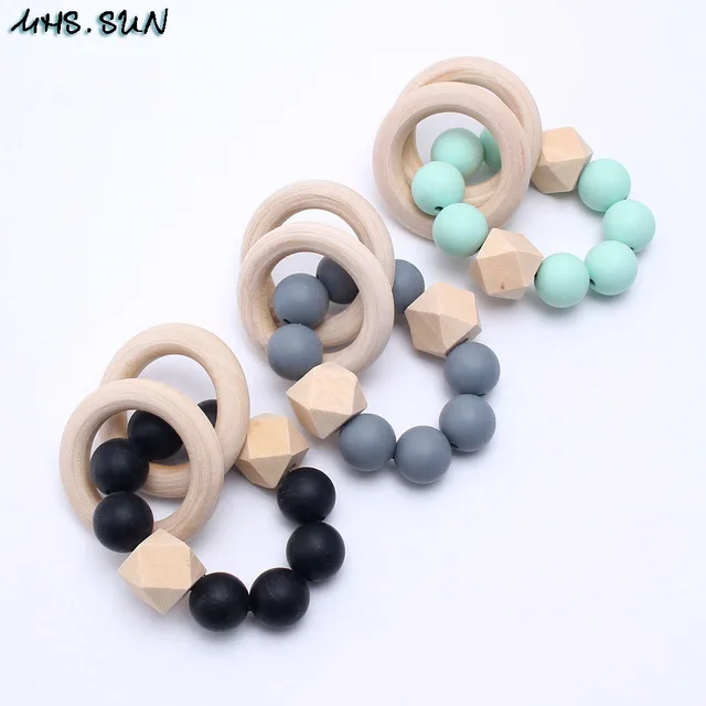 Mhs Sun Baby Infants Silicone Beads Bracelets With Wooden Circle Sun Baby Infants Silicone Beads Bracelets With Wooden Circle Food Grade Chewable Teething Nursing