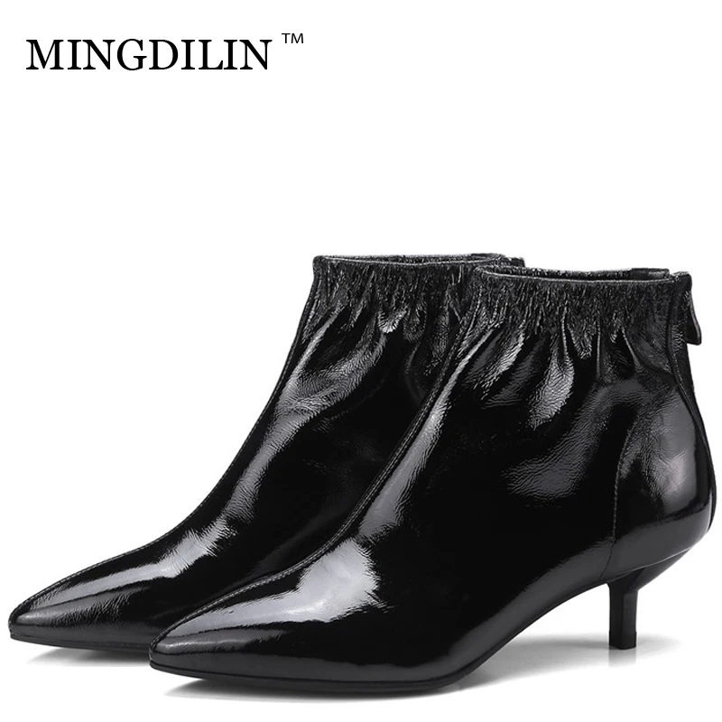 

MINGDILIN Winter Women's Genuine Leather Ankle Boots Black Silvery Chelsea Boots Black Red Pointed Toe Fashion Sexy Woman Shoes