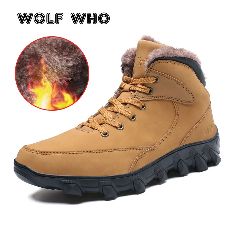 

WOLF WHO Men Boots Plush Warm Winter Men Shoes Big Size 39-46 Anti skidding Winter sneakers Male Black Brown Safety Shoes X-181