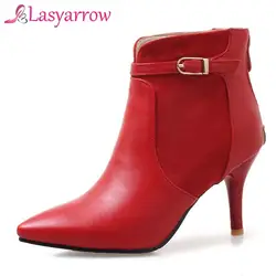 Lasyarrow/пикантные осенние ботильоны на молнии; женские короткие плюшевые ботинки на высоком каблуке с острым носком; модные мотоботы;
