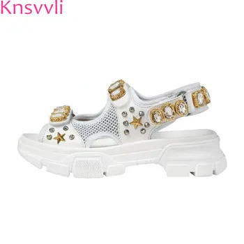 

Knsvvli New Mesh Crystal Platform shoes Women Genuine Leather Rivets Comfort thick sole Shoes Summer Hook Casual Sandals Women