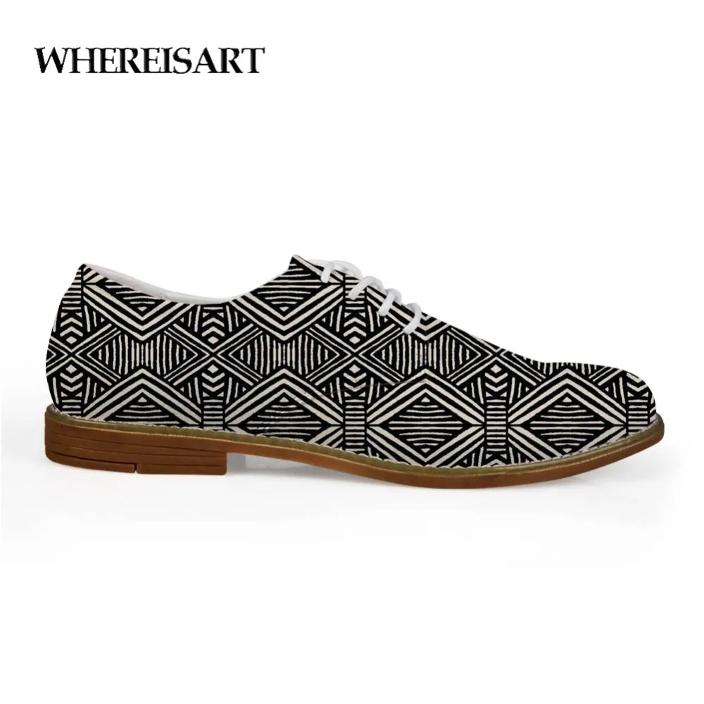 

WHEREISART Comfortable Tribal Geometric Leather Shoes Men Breather Men Fashion Leather Loafers Flat Spot Printing Dress Shoes