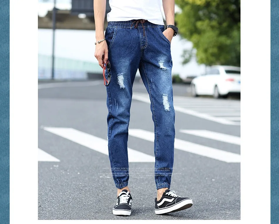 Модный стиль, модные рваные эластичные мужские джинсы с завязками на талии, вареные штаны с завязками на лодыжках, штаны-шаровары для подростков, M-XL для мальчиков