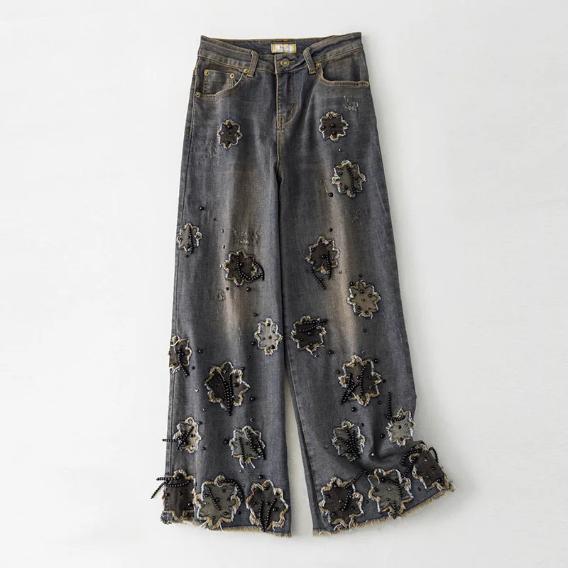 Осенне-зимние винтажные женские широкие растягивающиеся рваные джинсы с высокой талией и бисером, осенние женские джинсовые брюки с кисточками в стиле пэчворк
