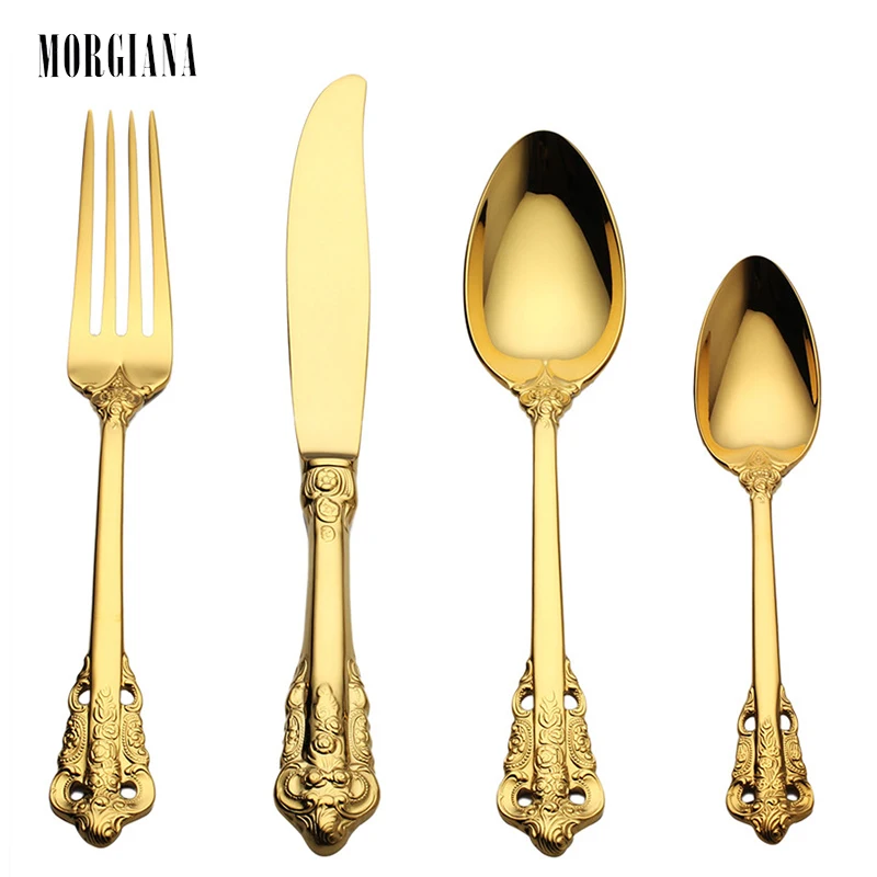 

MORGIANA High Quality 4Pcs/Set Gold Handle Tableware Set Western Knife Forks Cutlery Set 304 Stainless Steel Dinner Set