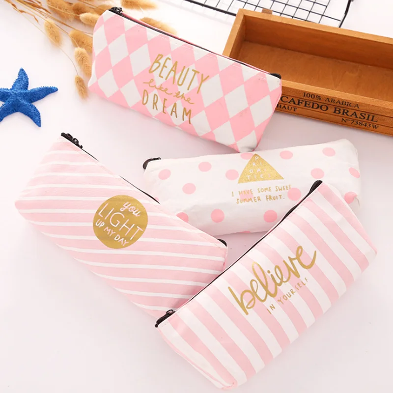 

1 Pcs New Creative Pink Series Pencil Case Kawaii Korea Style Canvas Stripe Pencils Bags School Supplies Stationery Pen Box