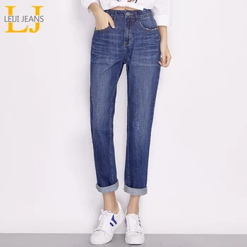 

LEIJIJEANS women washing low elastic waist boyfriend jeans blue casual classic ladies plus size straight denim women jeans 6476
